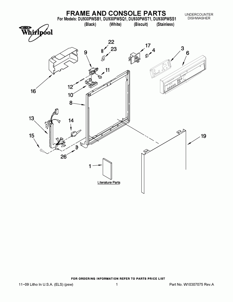 FRAME AND CONSOLE PARTS Diagram and Parts List for DU930PWSS1  Whirlpool Dishwasher