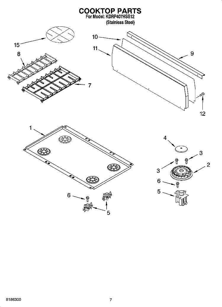 COOKTOP PARTS Diagram and Parts List for KDRP407HSS12  KitchenAid Range