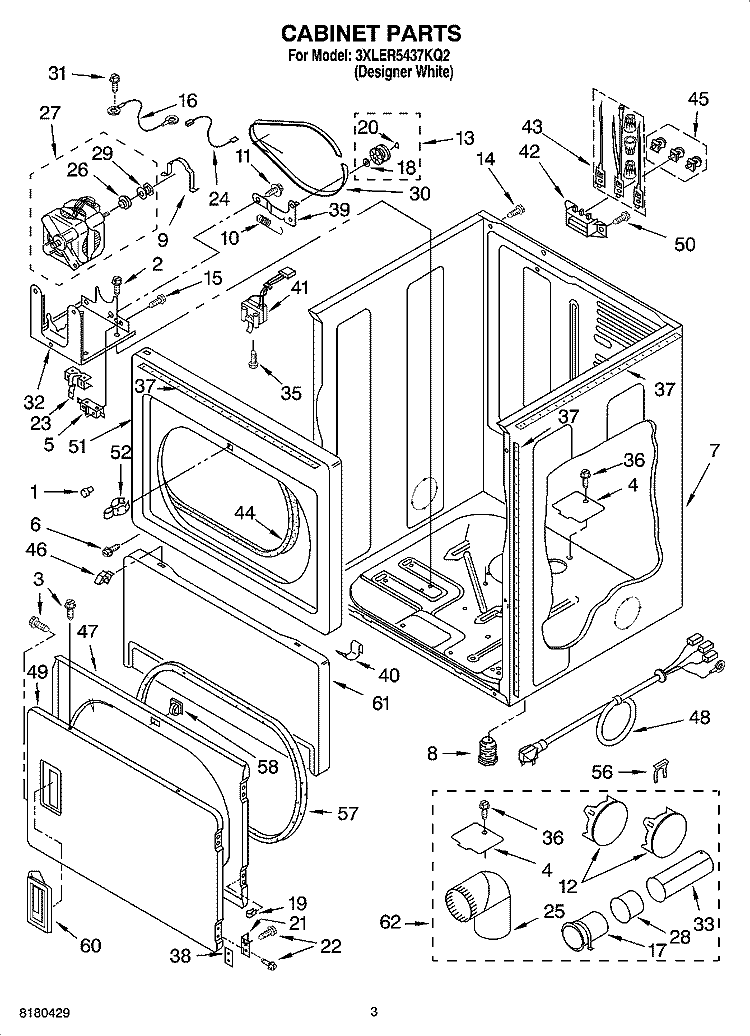 CABINET PARTS Diagram and Parts List for 3XLER5437KQ2  Whirlpool Dryer