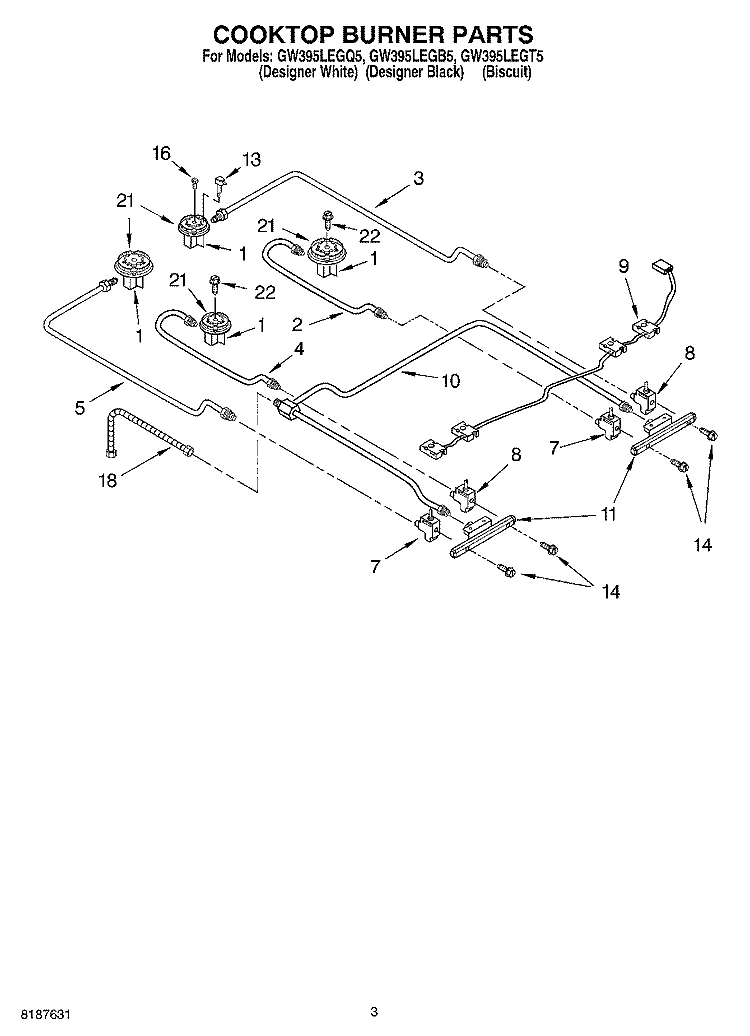 COOKTOP BURNER Diagram and Parts List for GW395LEGQ5  Whirlpool Range
