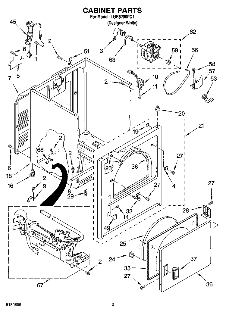 CABINET PARTS Diagram and Parts List for LGB6200PQ1  Whirlpool Dryer