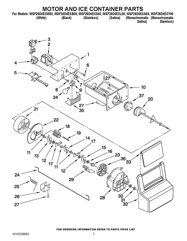 MOTOR AND ICE CONTAINER PARTS Diagram and Parts List for WSF26D4EXA00  Whirlpool Refrigerator