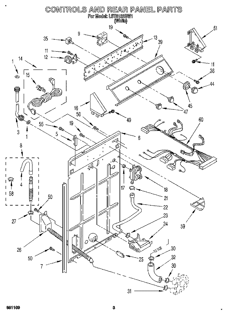 CONTROLS AND REAR PANEL Diagram and Parts List for LST6132BW1  Whirlpool Washer