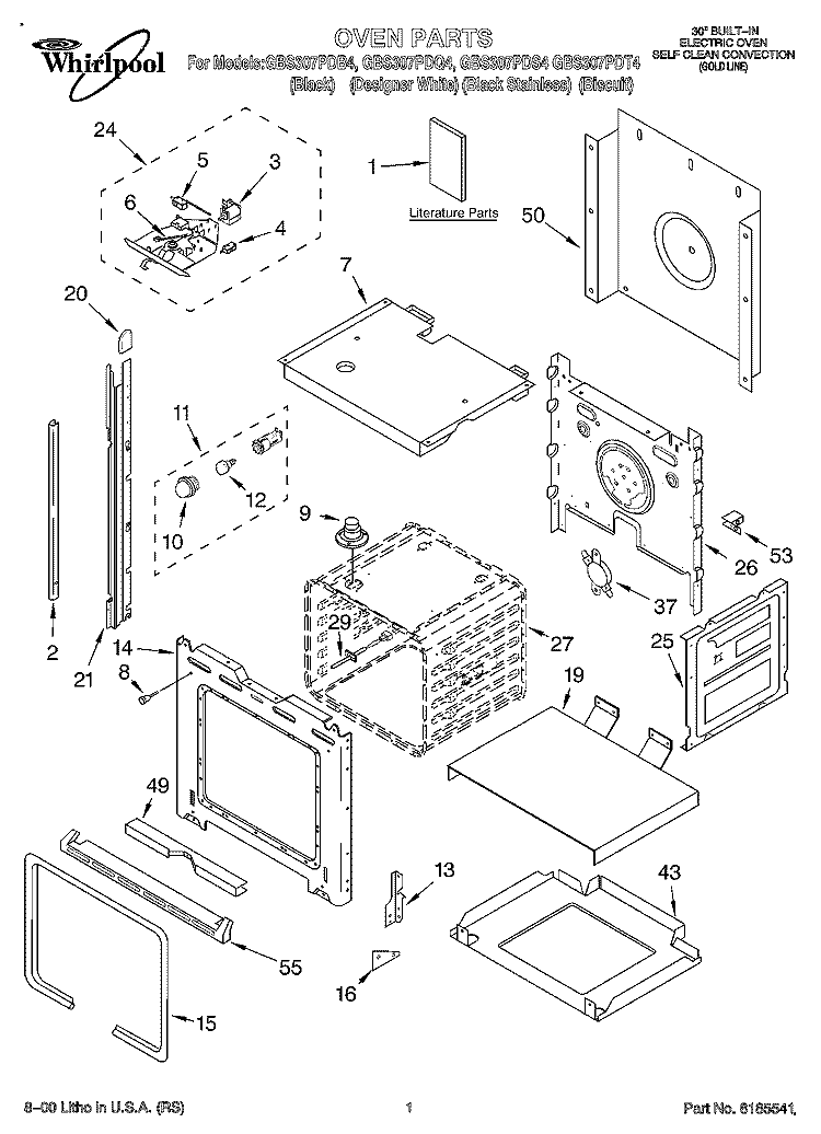 OVEN, LITERATURE Diagram and Parts List for GBS307PDB4  Whirlpool Wall Oven