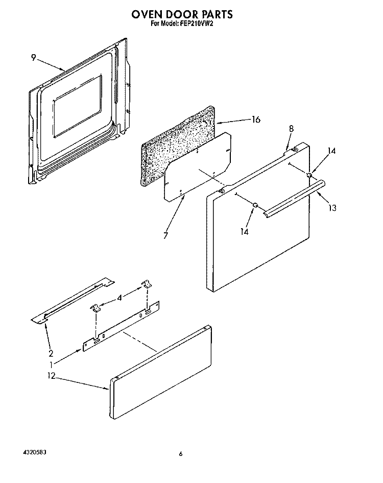 OVEN DOOR Diagram and Parts List for FEP210VW2  Roper Range
