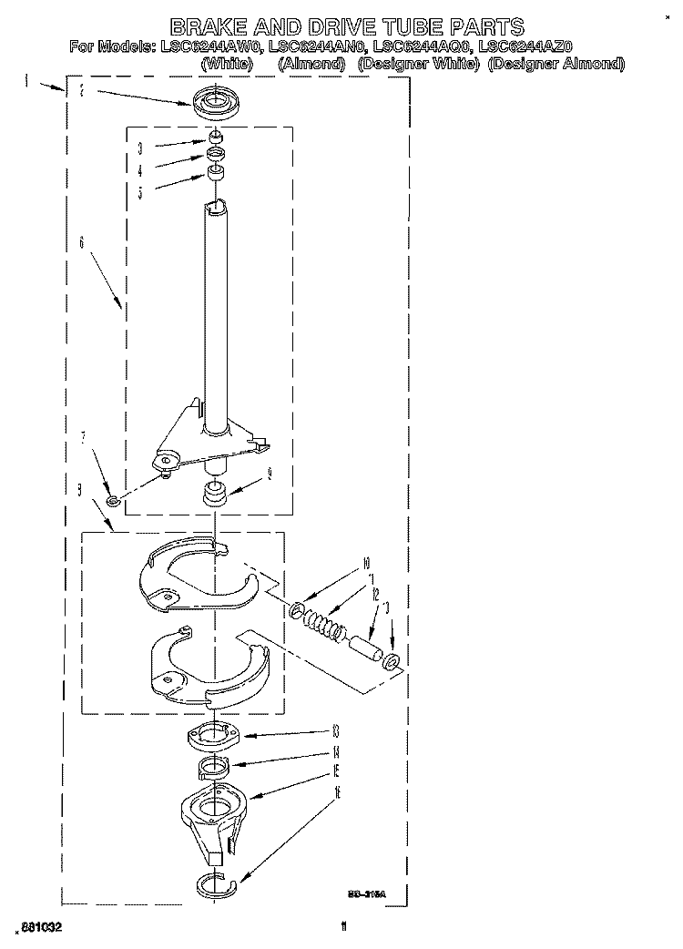 BRAKE AND DRIVE TUBE Diagram and Parts List for LSC6244AZ0  Whirlpool Washer