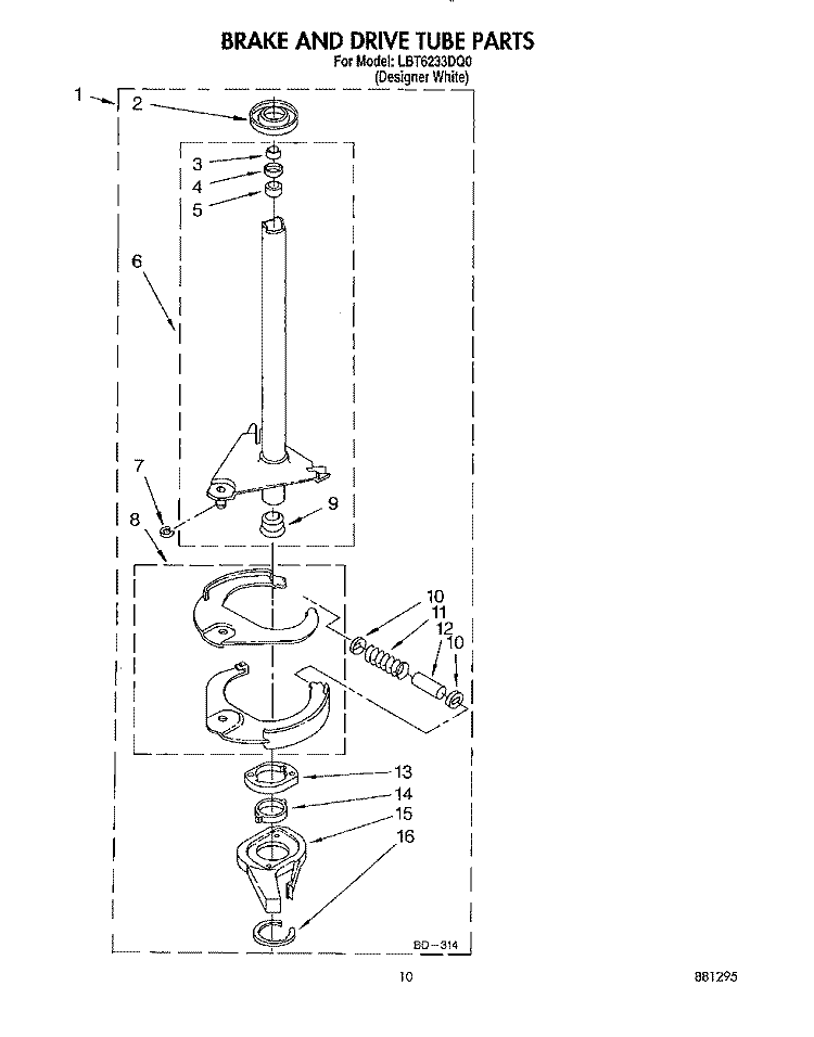 BRAKE AND DRIVE TUBE Diagram and Parts List for LBT6233DQ0  Whirlpool Washer
