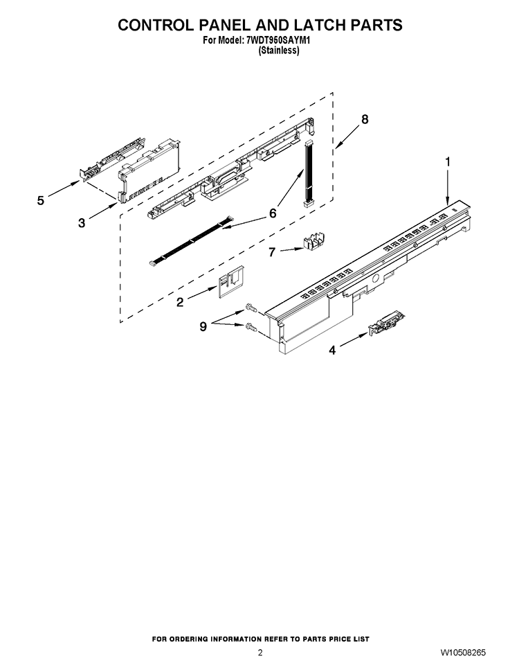 CONTROL PANEL AND LATCH PARTS Diagram and Parts List for 7WDT950SAYM1  Whirlpool Dishwasher