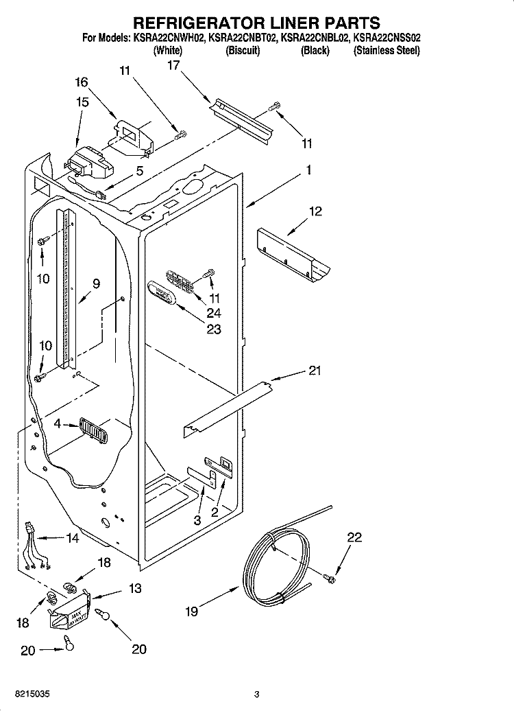 REFRIGERATOR LINER PARTS Diagram and Parts List for KSRA22CNWH02  KitchenAid Refrigerator