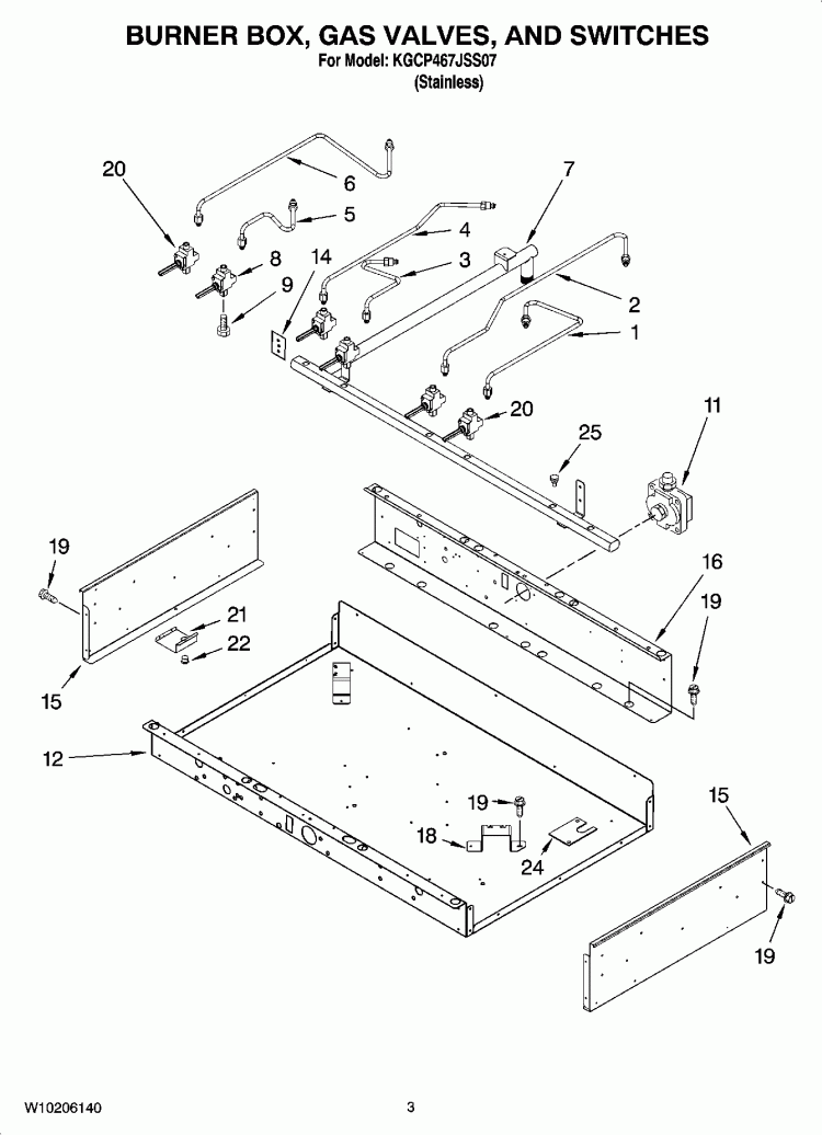 BURNER BOX, GAS VALVES, AND SWITCHES, OPTIONAL PARTS Diagram and Parts List for KGCP467JSS07  KitchenAid Cooktop