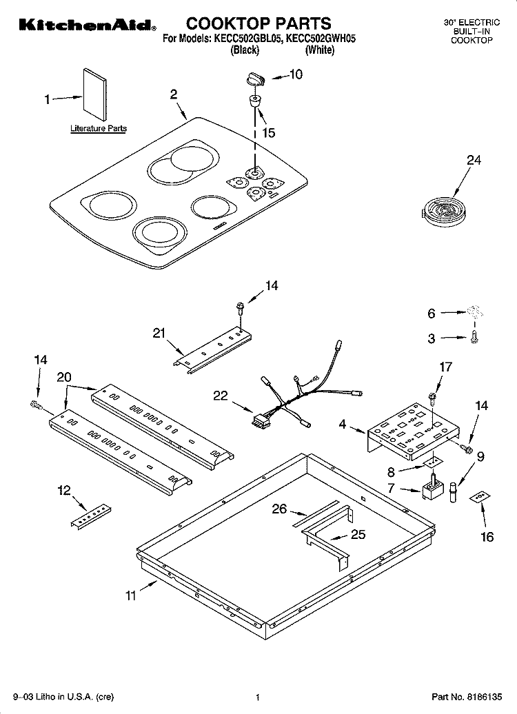 COOKTOP PARTS, MISCELLANEOUS PARTS Diagram and Parts List for KECC502GBL05  KitchenAid Cooktop