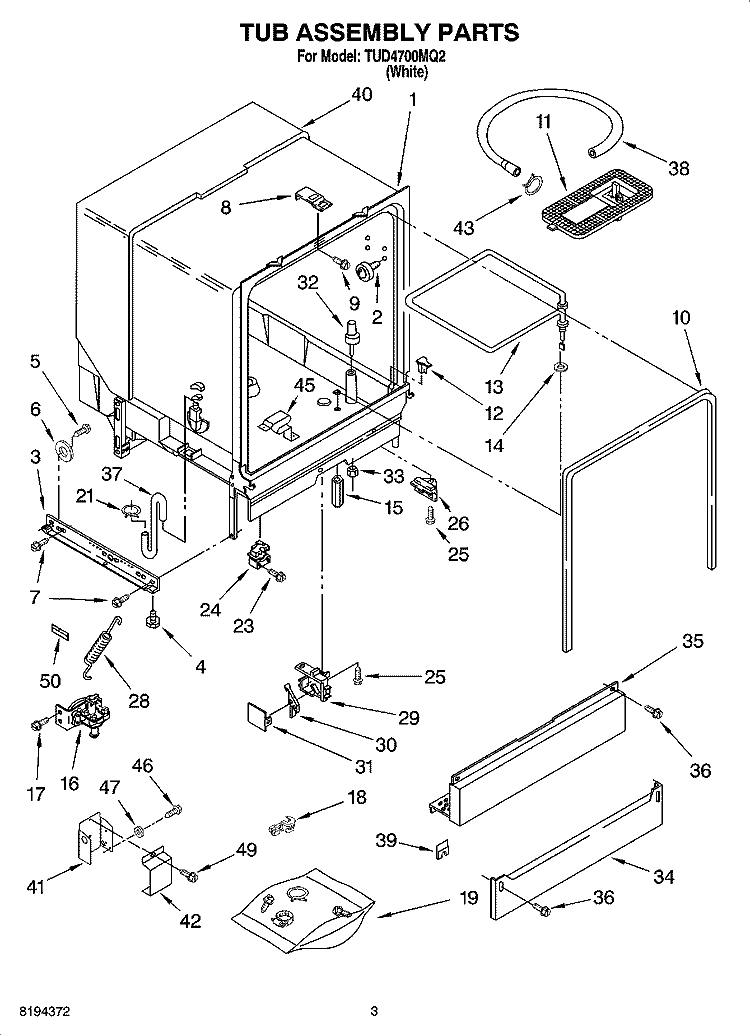 TUB ASSEMBLY PARTS Diagram and Parts List for TUD4700MQ2  Estate Dishwasher