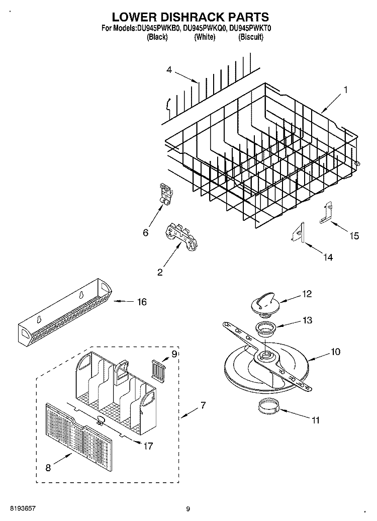 LOWER DISHRACK Diagram and Parts List for DU945PWKB0  Whirlpool Dishwasher