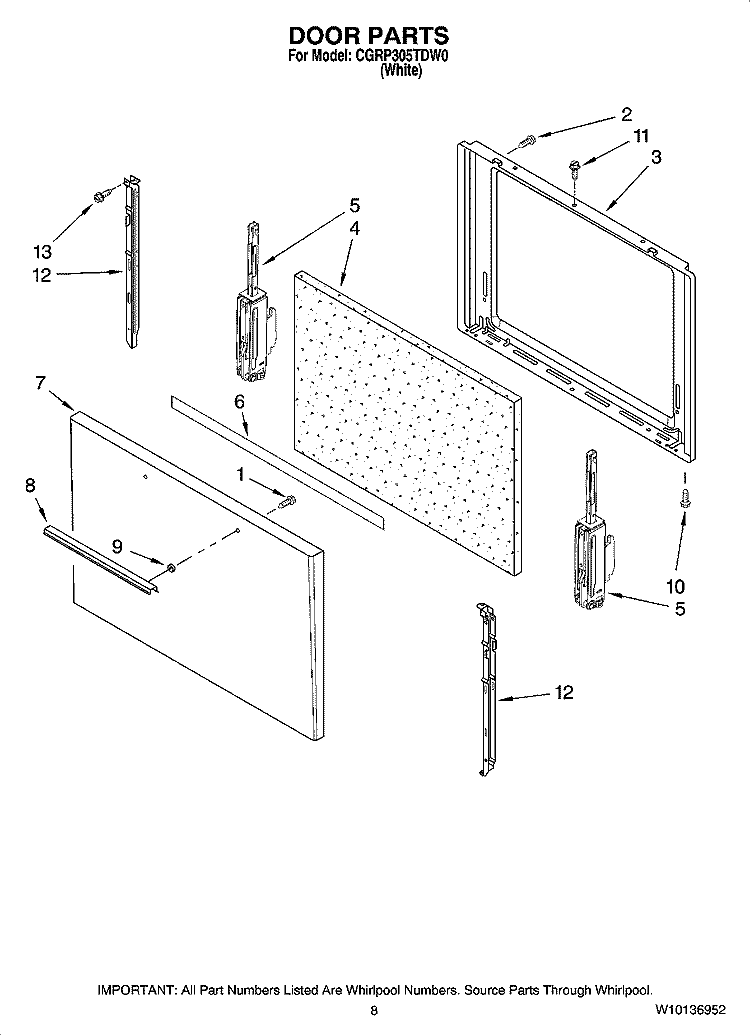 DOOR PARTS, OPTIONAL PARTS (NOT INCLUDED) Diagram and Parts List for CGRP305TDW0  Magic Chef Range