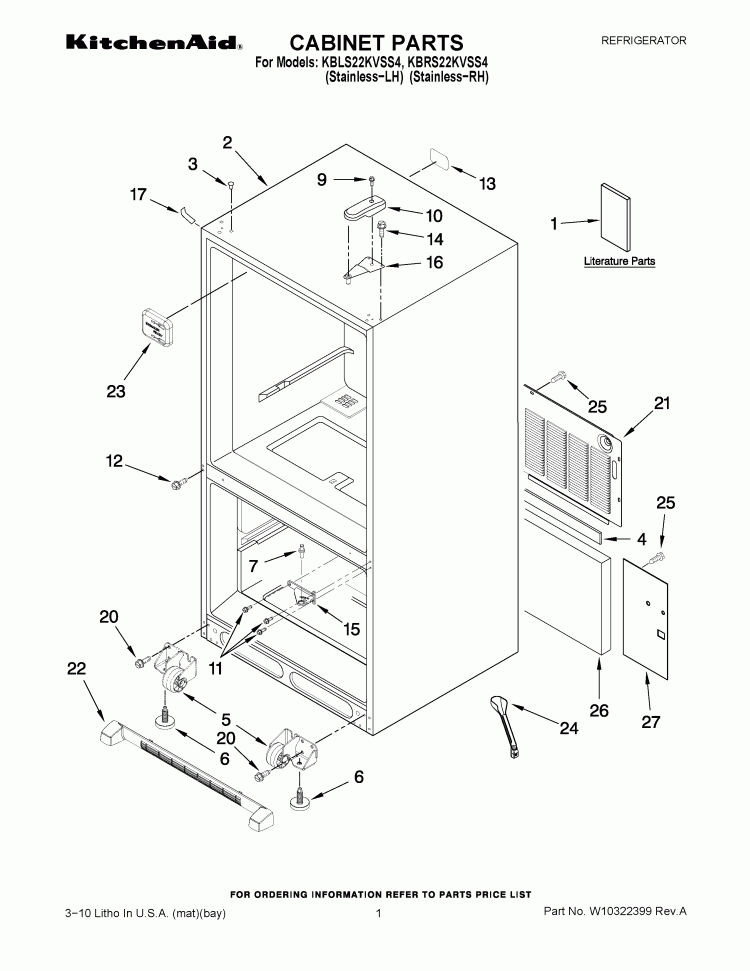 CABINET PARTS Diagram and Parts List for KBRS22KVSS4  KitchenAid Refrigerator