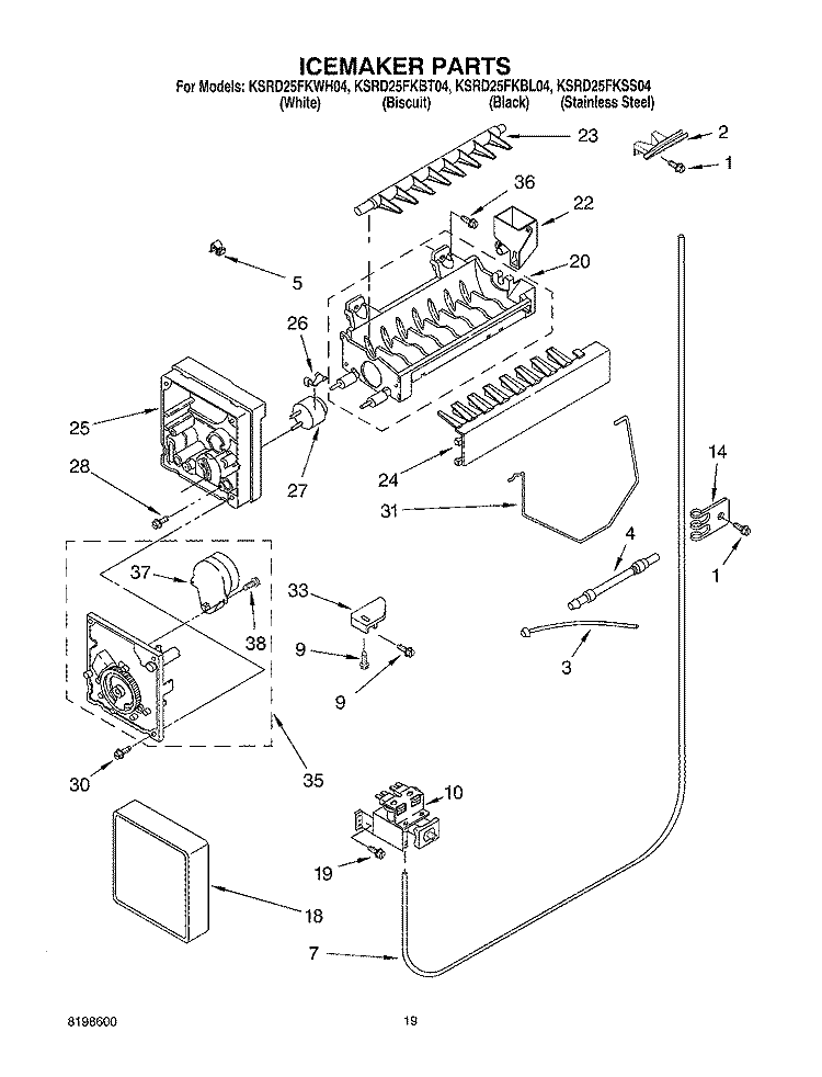 ICEMAKER PARTS, PARTS NOT ILLUSTRATED Diagram and Parts List for KSRD25FKWH04  KitchenAid Refrigerator