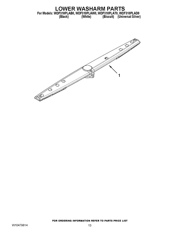 LOWER WASHARM PARTS Diagram and Parts List for WDF310PLAD0  Whirlpool Dishwasher
