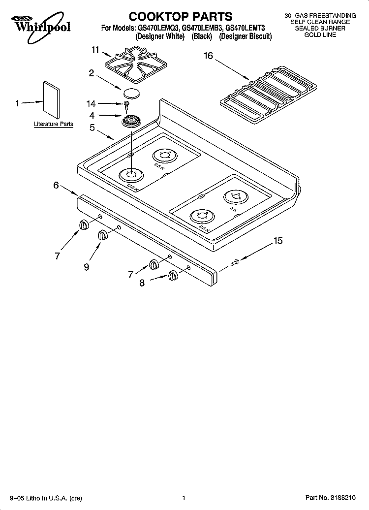 COOKTOP PARTS Diagram and Parts List for GS470LEMB3  Whirlpool Range