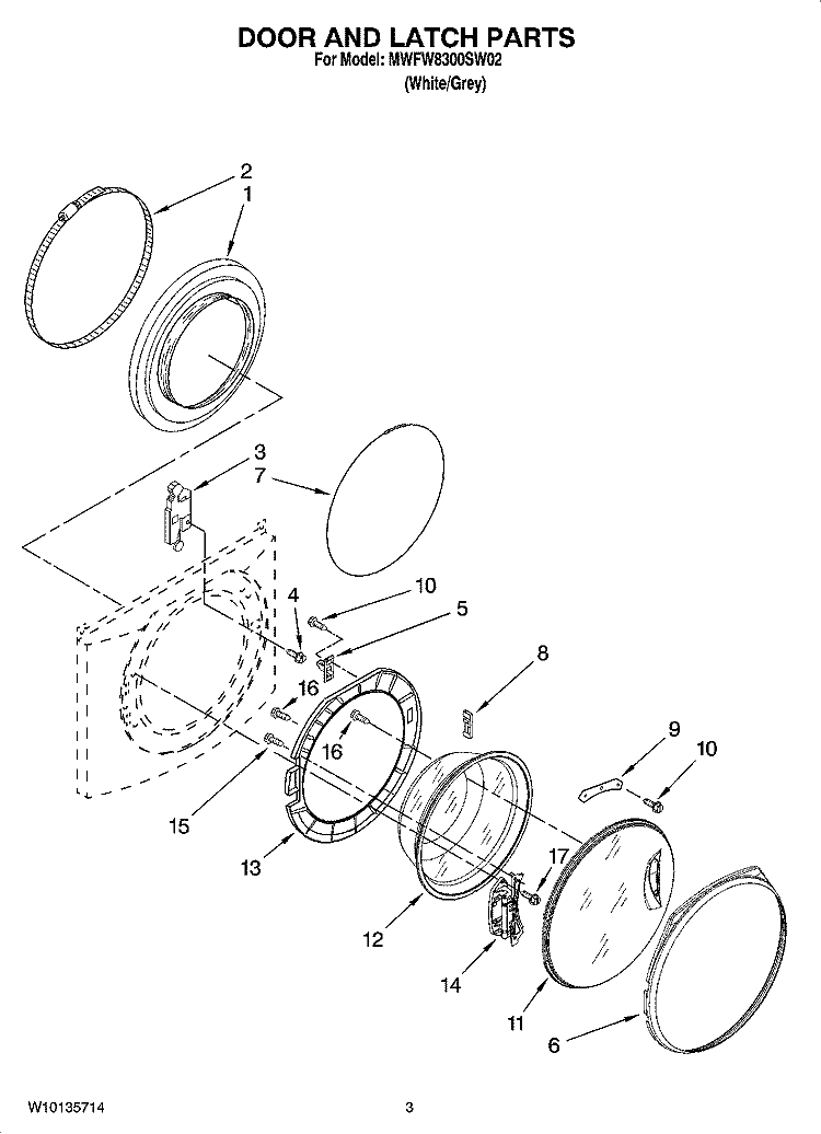 DOOR AND LATCH PARTS Diagram and Parts List for MWFW8300SW02  Whirlpool Washer