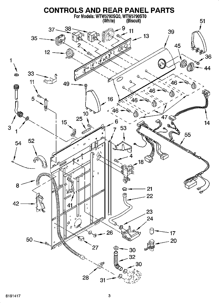 CONTROLS AND REAR PANEL PARTS Diagram and Parts List for WTW5790SQ0  Whirlpool Washer