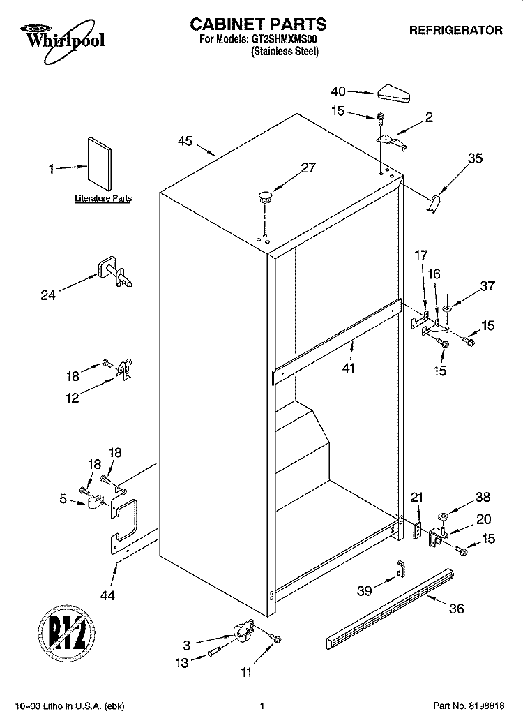 CABINET PARTS Diagram and Parts List for GT2SHMXMS00  Whirlpool Refrigerator