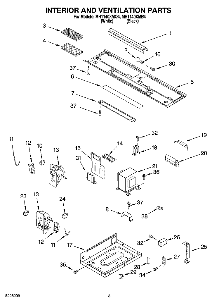 INTERIOR AND VENTILATION PARTS Diagram and Parts List for MH1140XMB4  Whirlpool Microwave