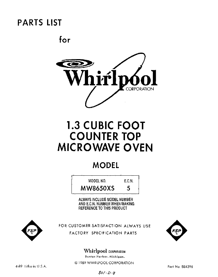 SECTION Diagram and Parts List for MW8650XS5  Whirlpool Microwave