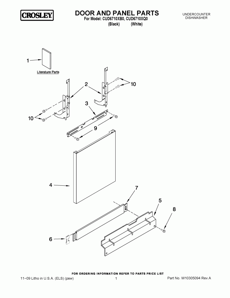 DOOR AND PANEL PARTS Diagram and Parts List for CUD6710XB0  Crosley Dishwasher