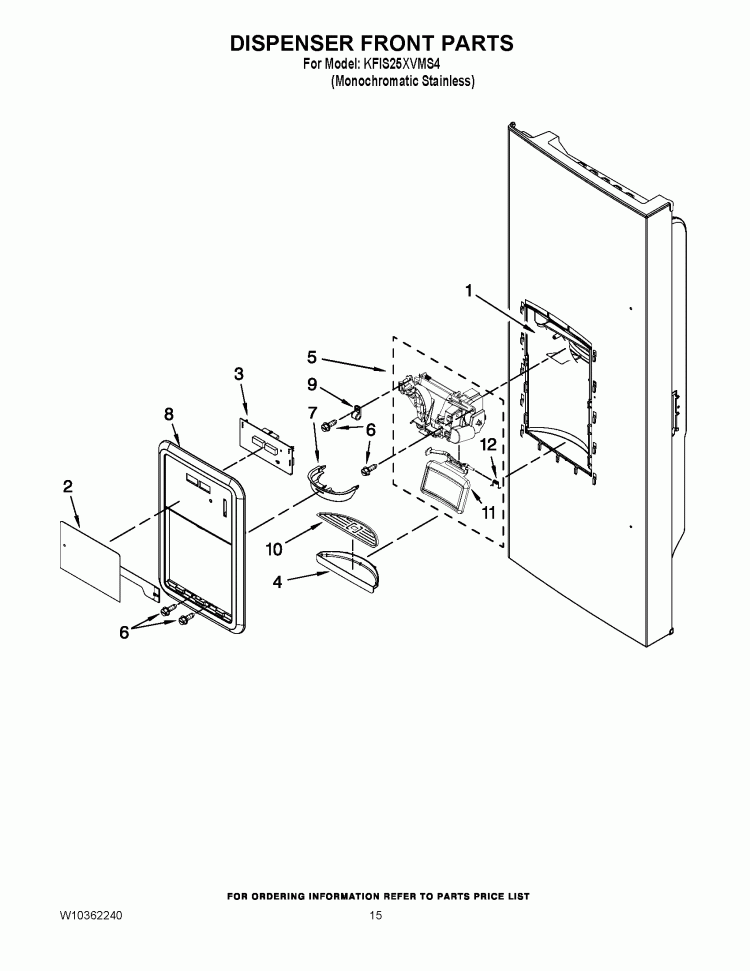 DISPENSER FRONT PARTS Diagram and Parts List for KFIS25XVMS4  KitchenAid Refrigerator