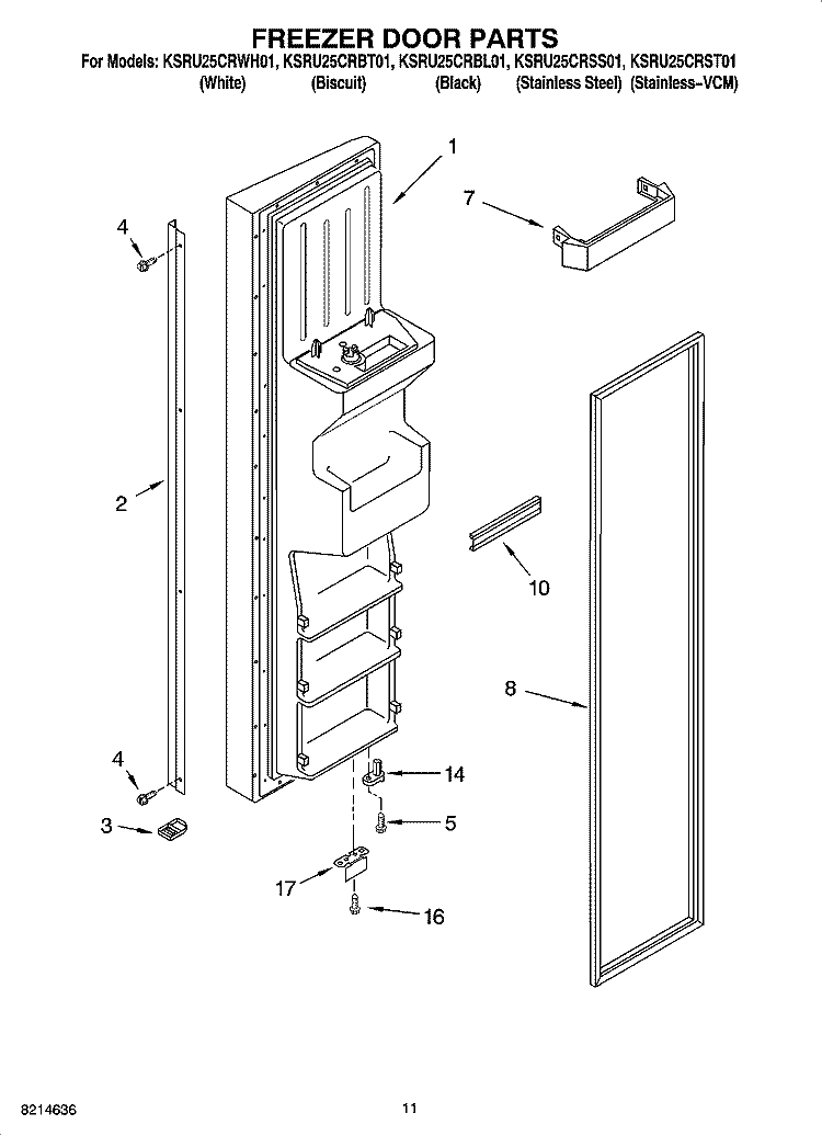 FREEZER DOOR PARTS Diagram and Parts List for KSRU25CRWH01  KitchenAid Refrigerator