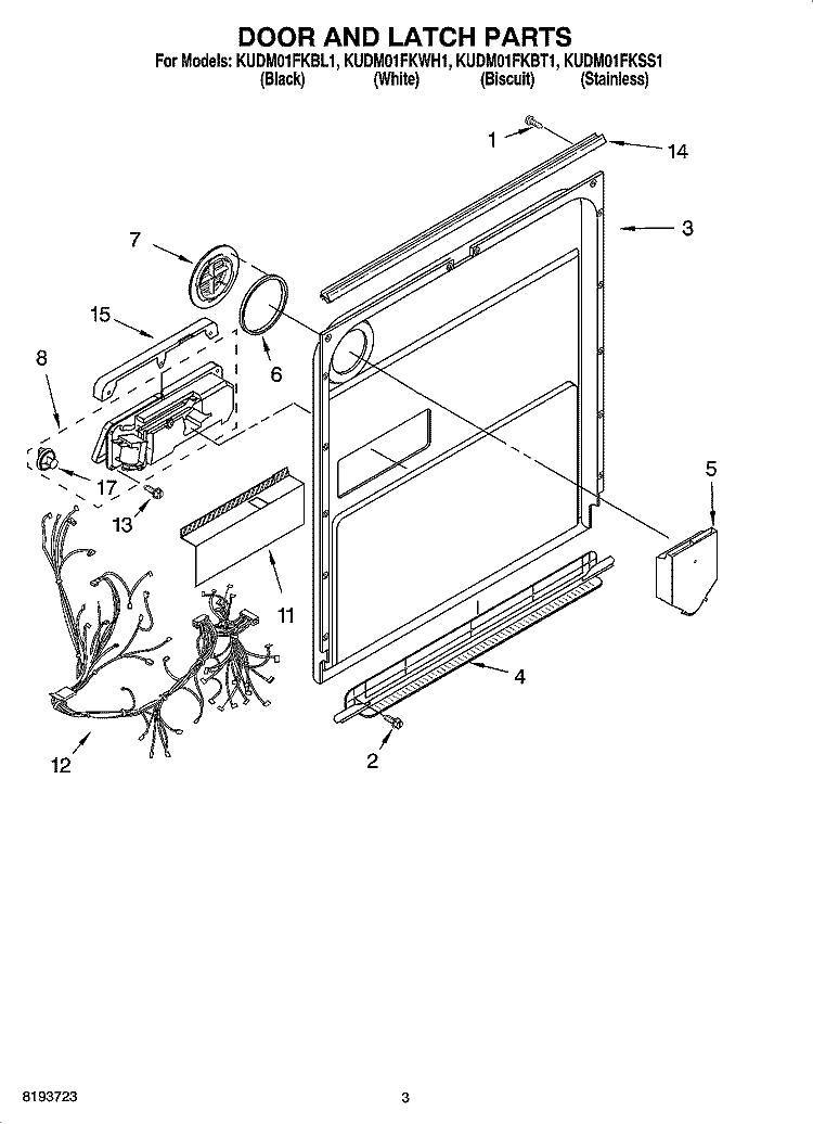 DOOR AND LATCH PARTS Diagram and Parts List for KUDM01FKWH1  KitchenAid Dishwasher
