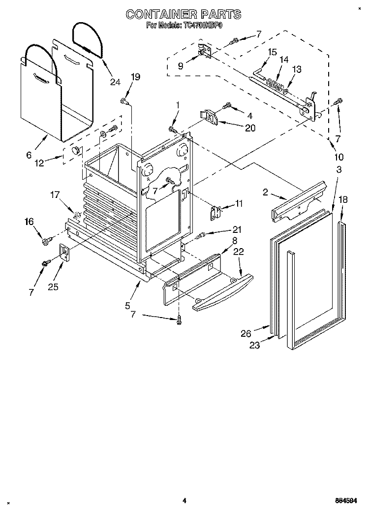 CONTAINER Diagram and Parts List for TC4700XBP0  Whirlpool Trash Compactor