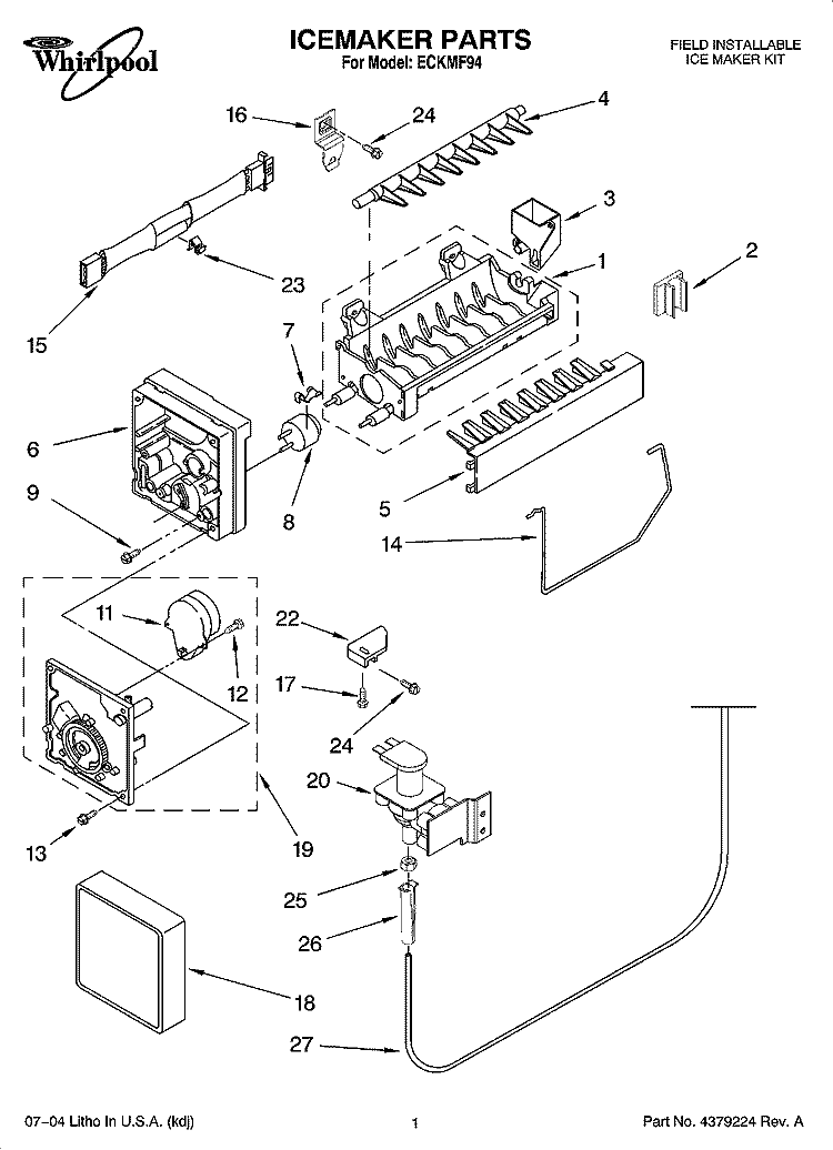 ICEMAKER PARTS Diagram and Parts List for ECKMF94  Whirlpool Ice Maker