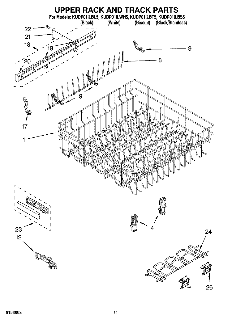 UPPER RACK AND TRACK PARTS Diagram and Parts List for KUDP01ILBT5  KitchenAid Dishwasher