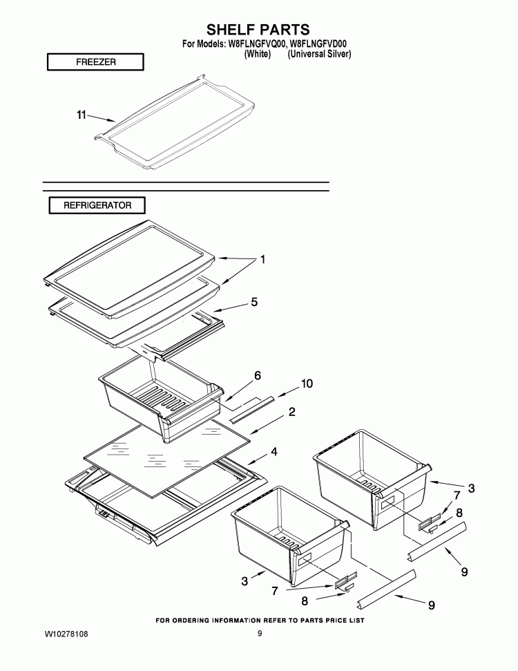 SHELF PARTS Diagram and Parts List for W8FLNGFVD00  Whirlpool Refrigerator