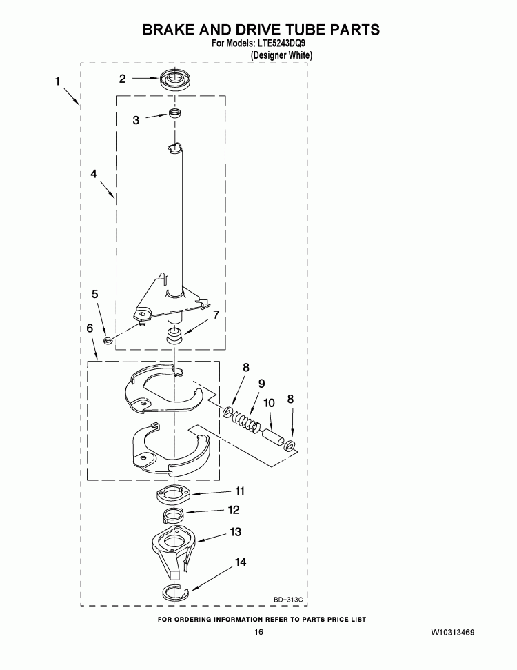 BRAKE AND DRIVE TUBE PARTS Diagram and Parts List for LTE5243DQ9  Whirlpool Washer Dryer Combo