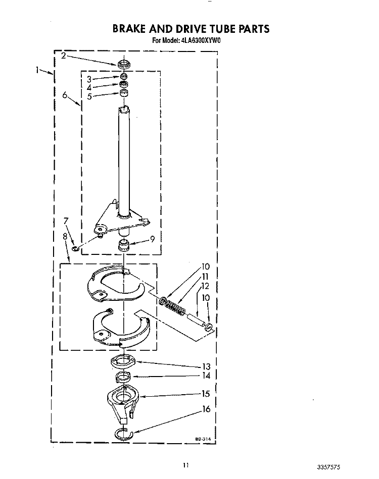 BRAKE AND DRIVE TUBE Diagram and Parts List for 4LA6300XYN0  Whirlpool Washer