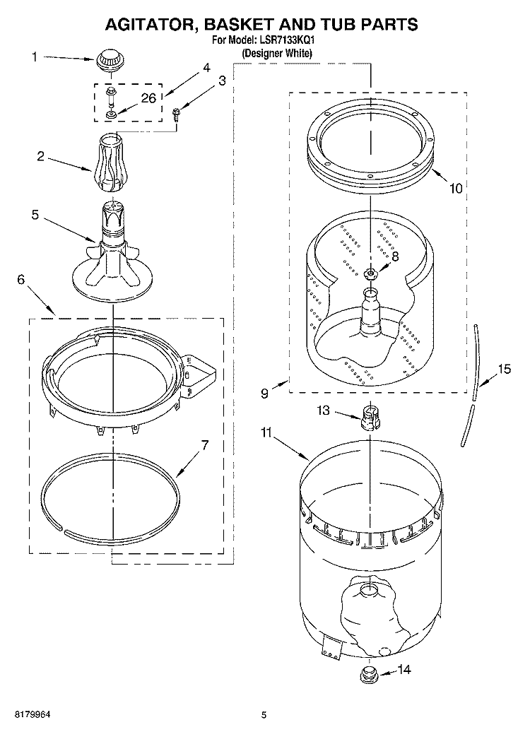 AGITATOR, BASKET AND TUB PARTS Diagram and Parts List for LSR7133KQ1  Whirlpool Washer