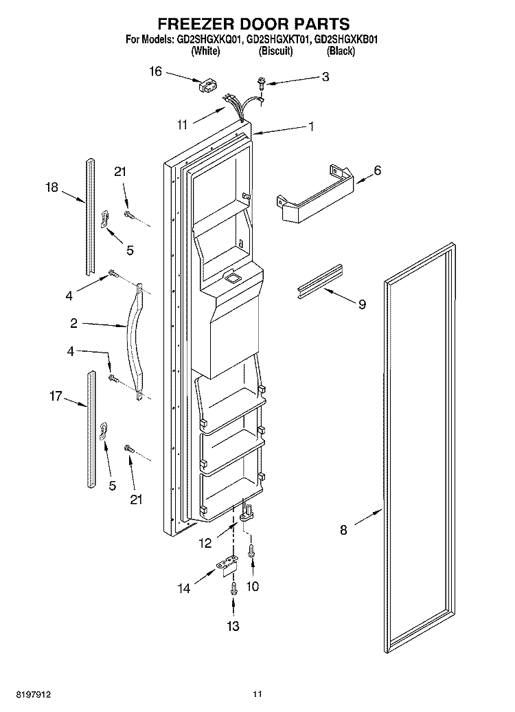 FREEZER DOOR Diagram and Parts List for GD2SHGXKQ01  Whirlpool Refrigerator