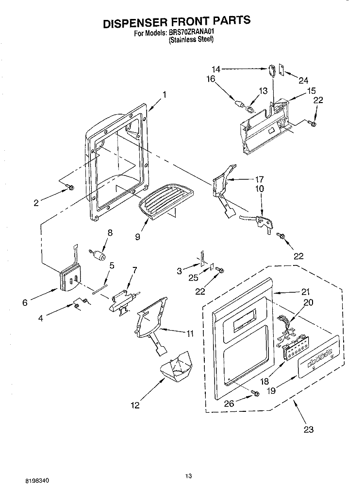 DISPENSER FRONT PARTS Diagram and Parts List for BRS70ZRANA01  Whirlpool Refrigerator