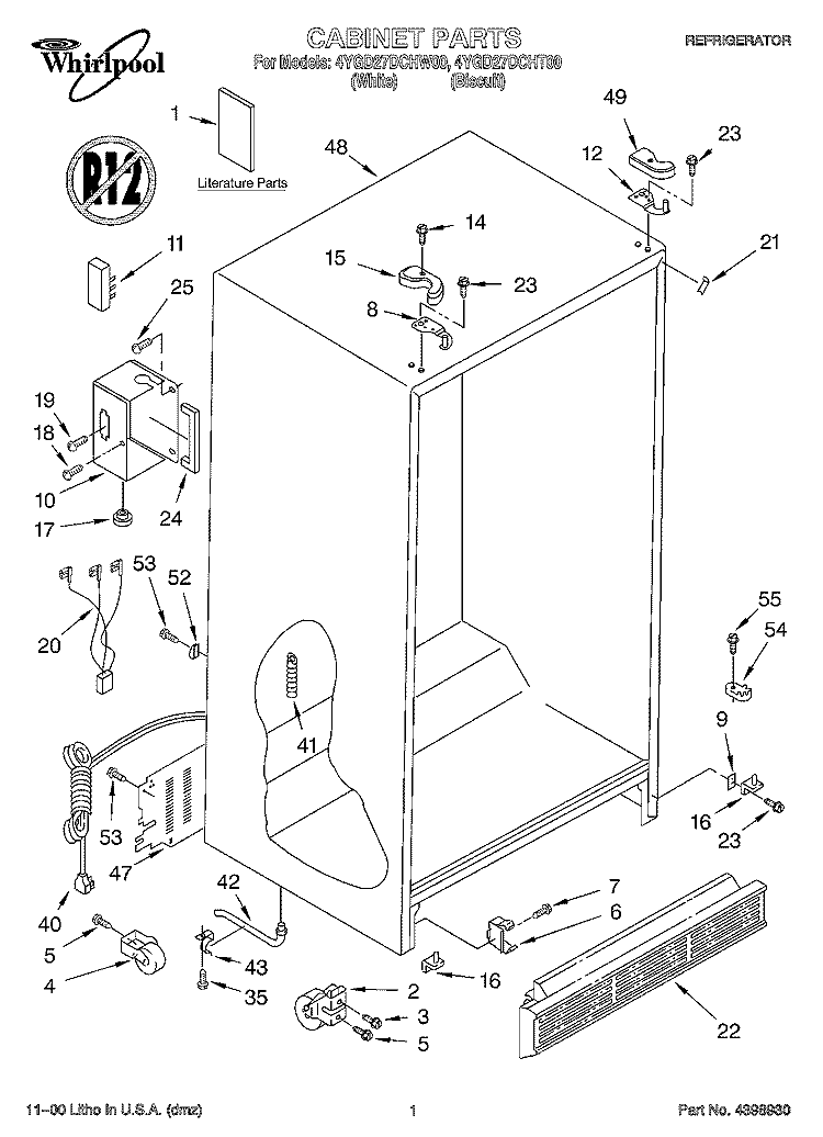 CABINET, LITERATURE Diagram and Parts List for 4YGD27DCHT00  Whirlpool Refrigerator