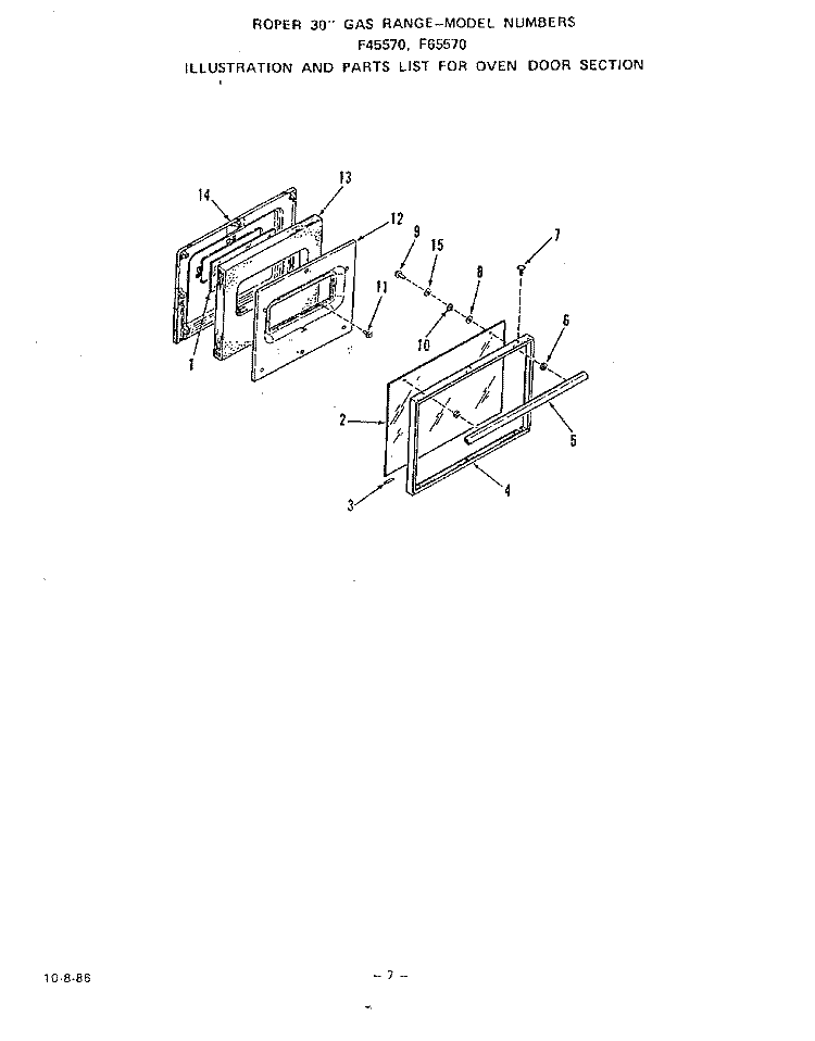 OVEN DOOR Diagram and Parts List for F6557W0  Roper Range