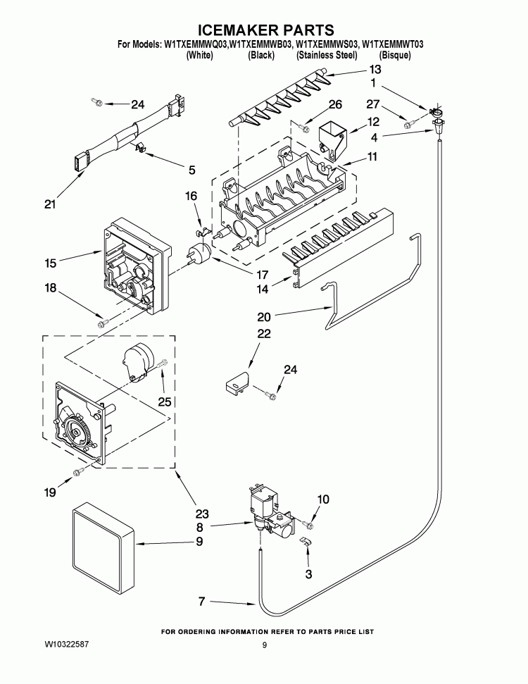 ICEMAKER PARTS Diagram and Parts List for W1TXEMMWB03  Whirlpool Refrigerator
