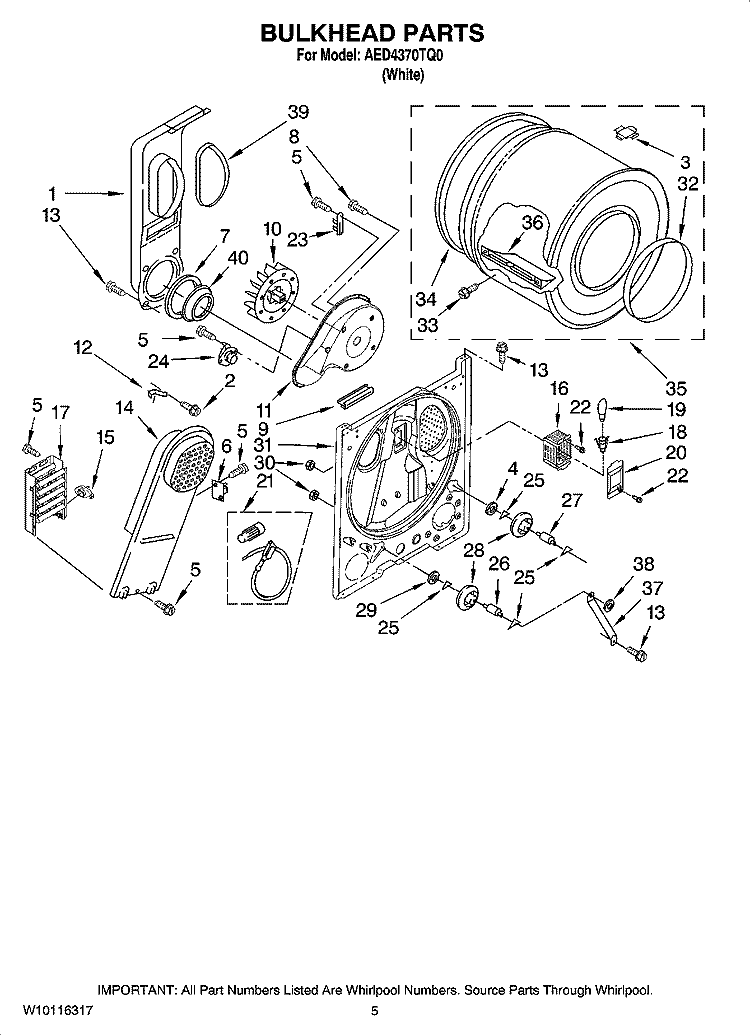 BULKHEAD PARTS, OPTIONAL PARTS (NOT INCLUDED) Diagram and Parts List for AED4370TQ0  Admiral Dryer