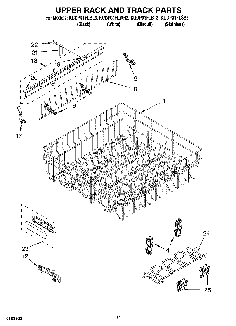 UPPER RACK AND TRACK PARTS Diagram and Parts List for KUDP01FLBL3  KitchenAid Dishwasher