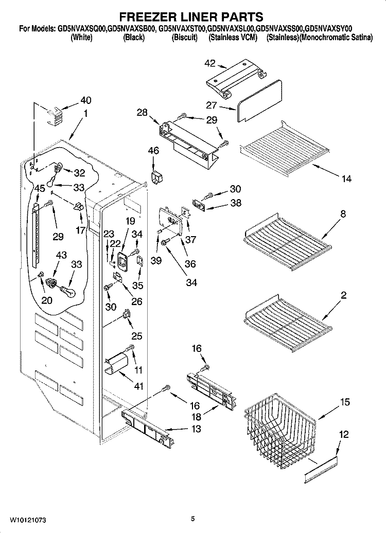 FREEZER LINER PARTS Diagram and Parts List for GD5NVAXSS00  Whirlpool Refrigerator
