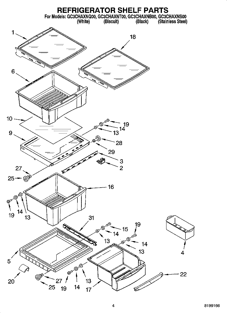 REFRIGERATOR SHELF PARTS Diagram and Parts List for GC3CHAXNB00  Whirlpool Refrigerator