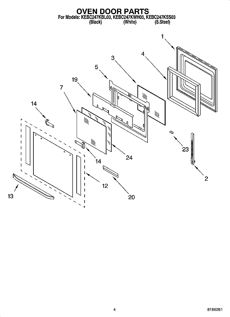 OVEN DOOR PARTS Diagram and Parts List for KEBC247KBL03  KitchenAid Wall Oven