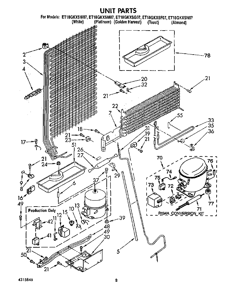 UNIT Diagram and Parts List for ET18GKXSW07  Whirlpool Refrigerator