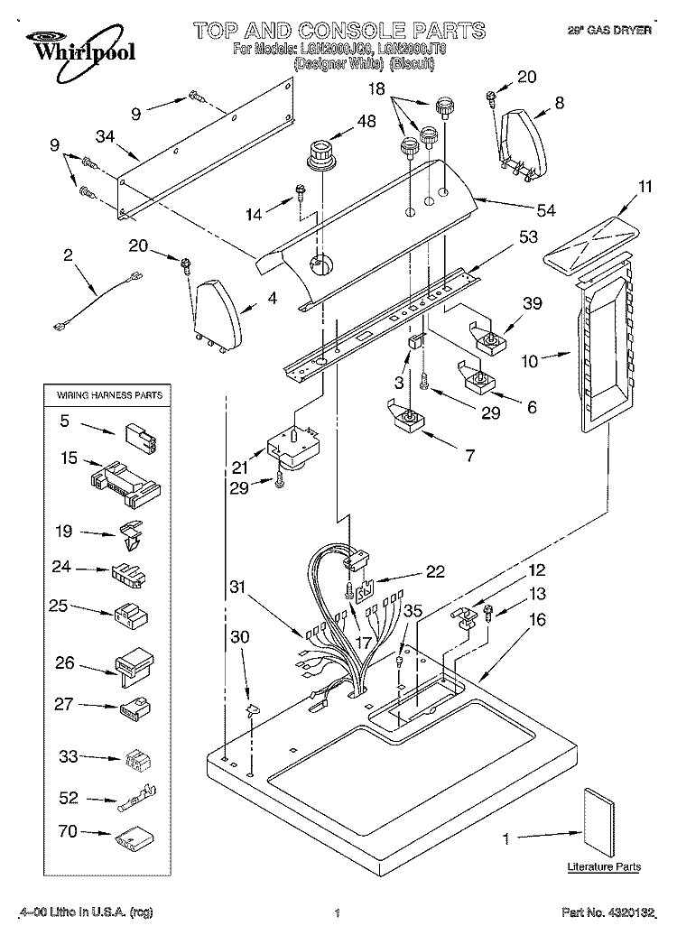 TOP AND CONSOLE, LITERATURE Diagram and Parts List for LGN2000JT0  Whirlpool Dryer